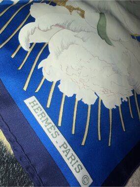 Hermes La Maison Blue White Gold Floral Silk Scarf